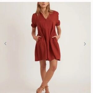 Marine Layer‎ Jamie Short Sleeve Cotton Mini Dress in Barn Red Size Large
